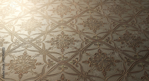 A close-up view of a beige wallpaper with a floral pattern