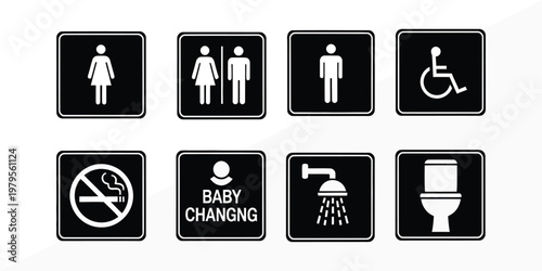 Collection of black and white bathroom and facility signage icons on a white background