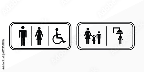 Public restroom signage pictograms depicting male female wheelchair accessible and family facilities