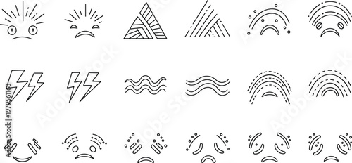 Abstract emotive line icons, geometric mood symbols, minimalist doodle faces, modern communication graphics, stylized expressions, flat vector illustration