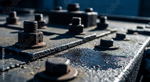 Close-up of industrial metal bolts and nuts.