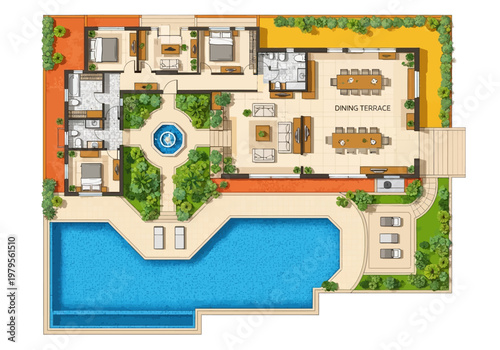 Architectural floor plan illustration of a luxury villa with a swimming pool and outdoor dining terrace