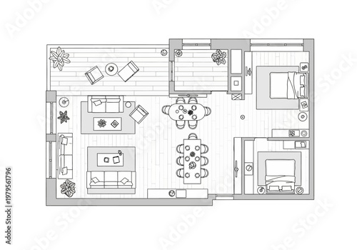 Top-down view of a modern apartment floor plan featuring living, dining, and bedroom areas
