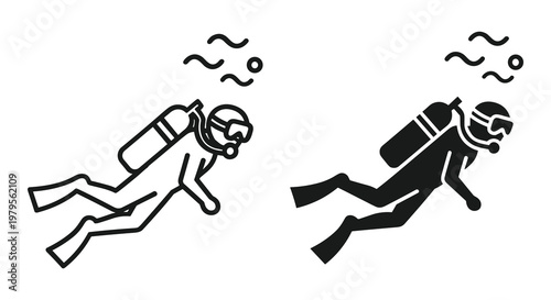 stylized scuba diver swimming underwater, line art and silhouette illustration