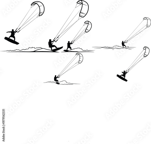 Kitesurfing Action Icon Set with Silhouettes of Athletes Performing Stunts on Water with Parachutes, for Sports and Adventure Design Projects