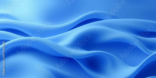 An abstract blue silk and satin fabric background features soft flowing waves and a smooth liquid texture with elegant light curves creating a professional drapery wallpaper design