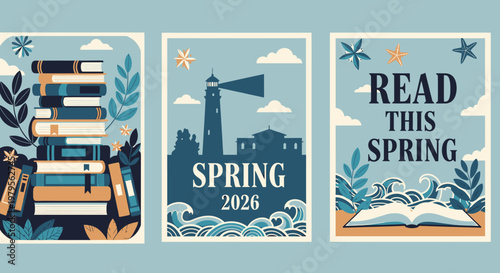 Spring book posters, reading banners, library flyers, book stack illustrations, springtime reading
