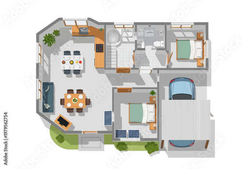 A meticulously designed floor plan illustrating a modern family home with spacious living areas, bedrooms, and a garage