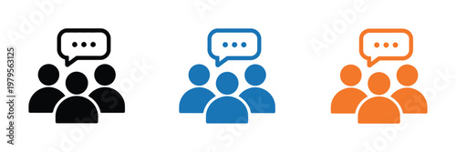 People communication icons with speech bubbles in multiple colors, teamwork discussion concept, social interaction illustration, customer support symbol, community conversation design