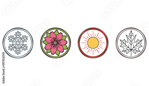 Four seasons icon set. 4 Vector graphic element illustrations representing winter, spring, summer, autumn. Snowflake, flower, sun and maple leaf