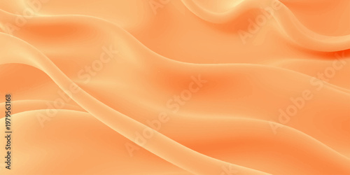 An abstract golden silk background features flowing liquid waves of soft satin fabric and smooth orange curves in a vector illustration design