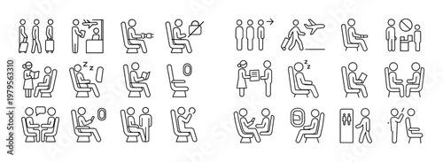 Airline passengers performing actions inside airplane cabin