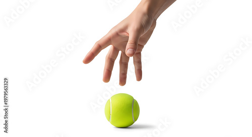 Outstretched Human Hand Almost Grasping Neon Yellow Tennis Ball Mid-Air on White Background