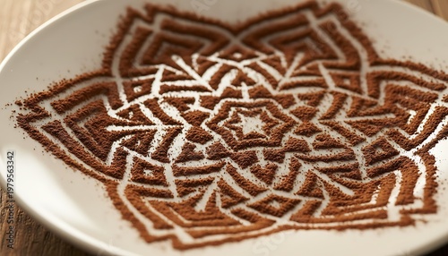 Wallpaper Mural Intricate floral mandala pattern made from brown cocoa powder on a white plate over a rustic wooden background Torontodigital.ca