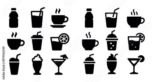 Beverage and drink icons showing cups and bottles