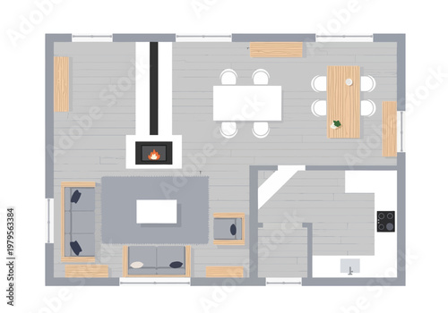Open-plan living and dining area floor plan with modern furniture and fireplace illustration