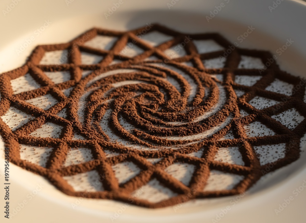 custom made wallpaper toronto digitalIntricate floral mandala pattern made from brown cocoa powder on a white plate over a rustic wooden background