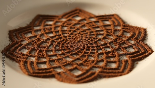 Wallpaper Mural Intricate floral mandala pattern made from brown cocoa powder on a white plate over a rustic wooden background Torontodigital.ca
