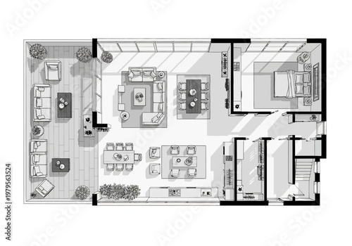 Modern apartment floor plan with open living spaces, dining area, and bedroom