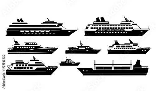 Boat and cruise ship silhouette set with multiple marine vessel shapes in minimal black vector style isolated on white