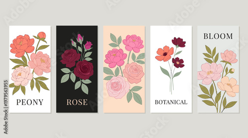 Floral bookmark collection with peony and rose illustrations in pastel botanical designs for book lovers and stationery enthusiasts