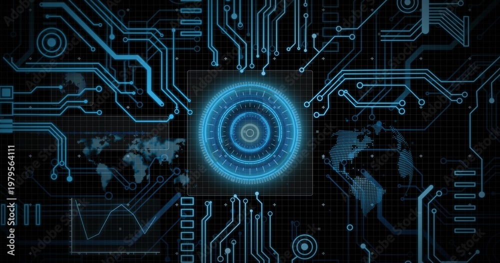 Fototapeta premium Displaying central circular holographic interface rotating over dark grid, with cyan circuit traces