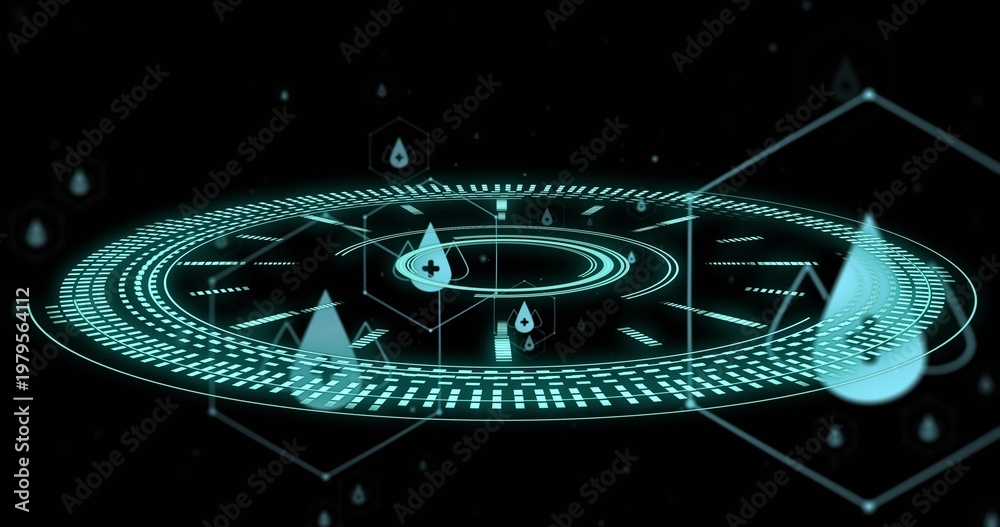 Fototapeta premium Floating cyan holographic circular interface glowing in black void, showing concentric rings, drops