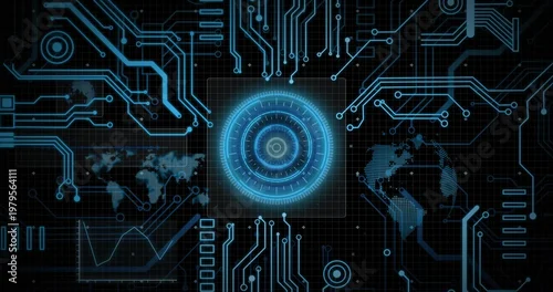 Obraz Displaying central circular holographic interface rotating over dark grid, with cyan circuit traces