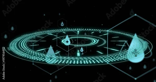 Obraz Floating cyan holographic circular interface glowing in black void, showing concentric rings, drops