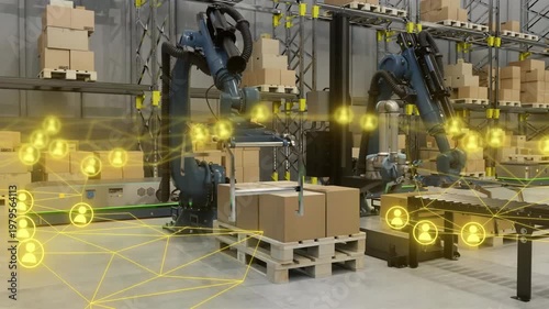 Warehouse bots picking boxes from conveyor stacking pallet and IoT overlay guiding AGV to transport