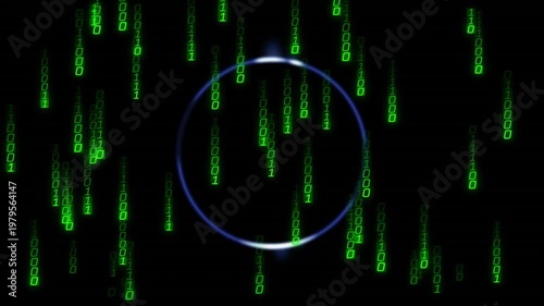 Glowing blue ring showing tech data binary rain starting digits overlapping while flares shifting