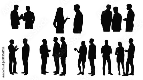 People silhouettes in conversation and groups vector illustration, social interaction concept, teamwork discussion, community communication