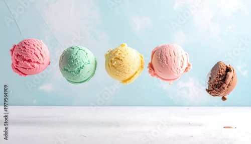 Colorful Ice Cream Scoops Floating Against a Pastel Sky.