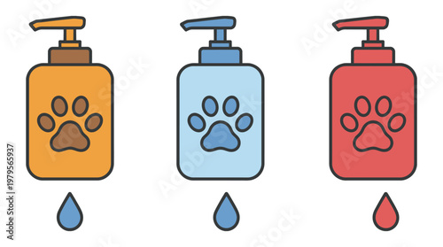 Pet shampoo dispenser bottle icon set with paw print, animal grooming hygiene product illustration, flat vector design