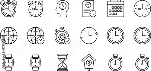 Comprehensive set of time management and scheduling line icons featuring alarm clocks, calendars, stopwatches, wall clocks, and hourglasses for business productivity apps and deadline management.