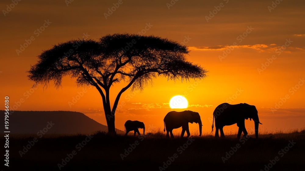 Fototapeta premium Elephants at sunset serengeti national park wildlife photography natural landscape silhouetted view majestic nature scene