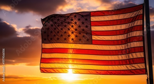 Wallpaper Mural American flag waves at sunset in front of golden sky symbol of freedom and democracy patriotism. Torontodigital.ca