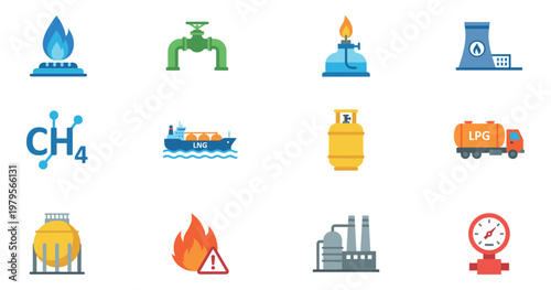 Natural gas industry energy resources and fuel transportation icons. Vector Illustration.	

