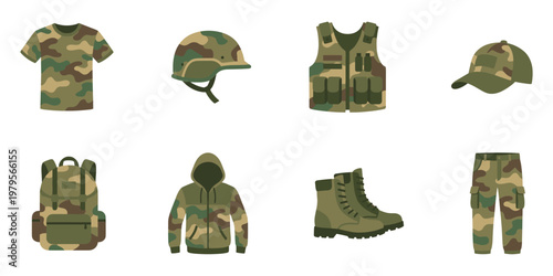 Military camouflage clothing and tactical army equipment icons set. Vector Illustration.	
