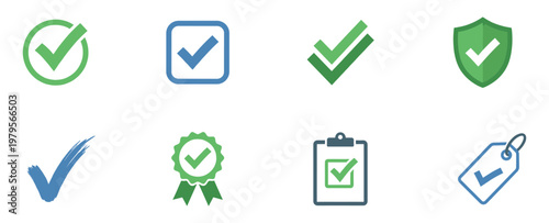Set of check mark icons. Tick symbols for validation and quality approval. Vector Illustration.	