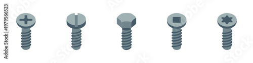 Set of different screw head types and bolts. Hardware fasteners for construction. Vector Illustration.	
