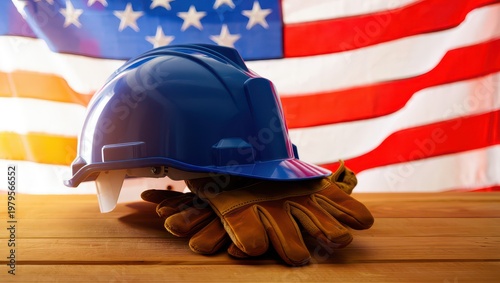 Wallpaper Mural Blue hard hat and leather work gloves on wood with American flag blurred background. Torontodigital.ca