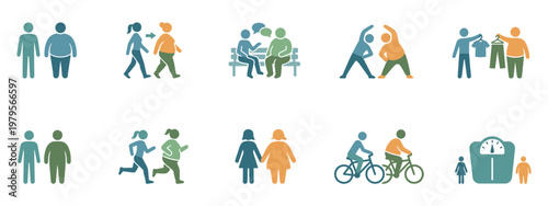 Weight loss and body transformation icons. Fitness and healthy lifestyle progress. Vector Illustration.	
