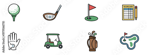 Professional golf equipment and game accessories flat icons set. Vector Illustration.	
