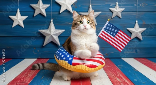 Wallpaper Mural Cat wearing patriotic float with American flag, celebrating holiday with cute pet. Torontodigital.ca