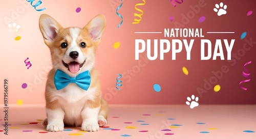 a national happy puppy day greeting card with a picture of a cute purebred chihuahua puppy with a light blue tie posing for a studio portrait as a happy house pet