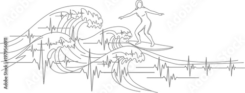 Female surfer riding on a large ocean wave integrated with a medical heartbeat line design in a continuous line style