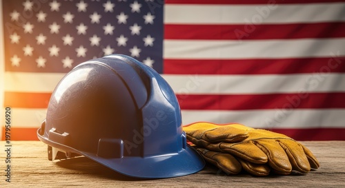 Wallpaper Mural Construction hard hat and gloves on wooden table against american flag american labor day concept. Torontodigital.ca