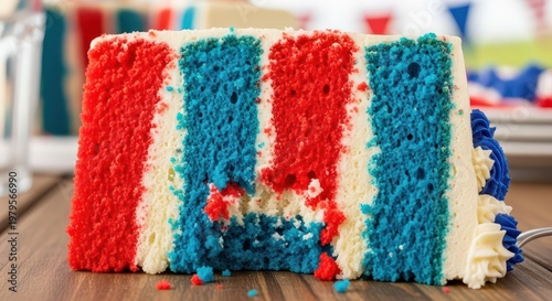 Wallpaper Mural Delicious slice of red white blue layered cake with festive white frosting and blue decorative swirls. Torontodigital.ca