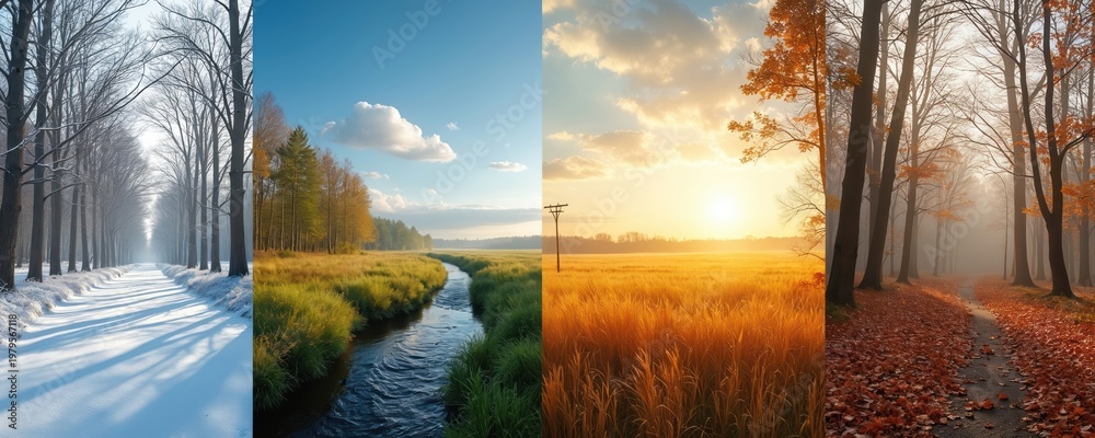 Fototapeta premium Split image shows Ukraine landscapes changing through. Winter snow path spring river meadow summer sunset field autumn forest trail with fallen leaves. Nature cycle.